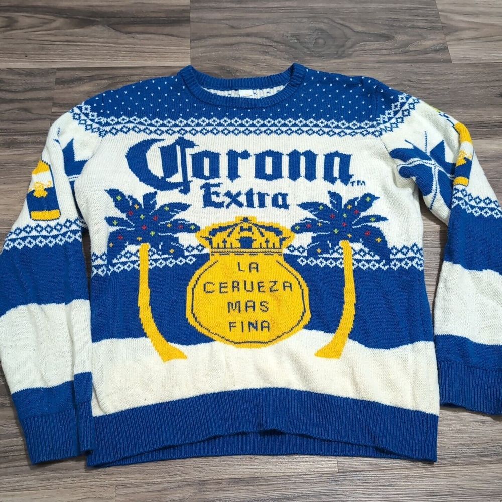Men's M‎ Corona  Extra Acrylic Sweater Palm Trees Blue/Ivory/Yellow 21E